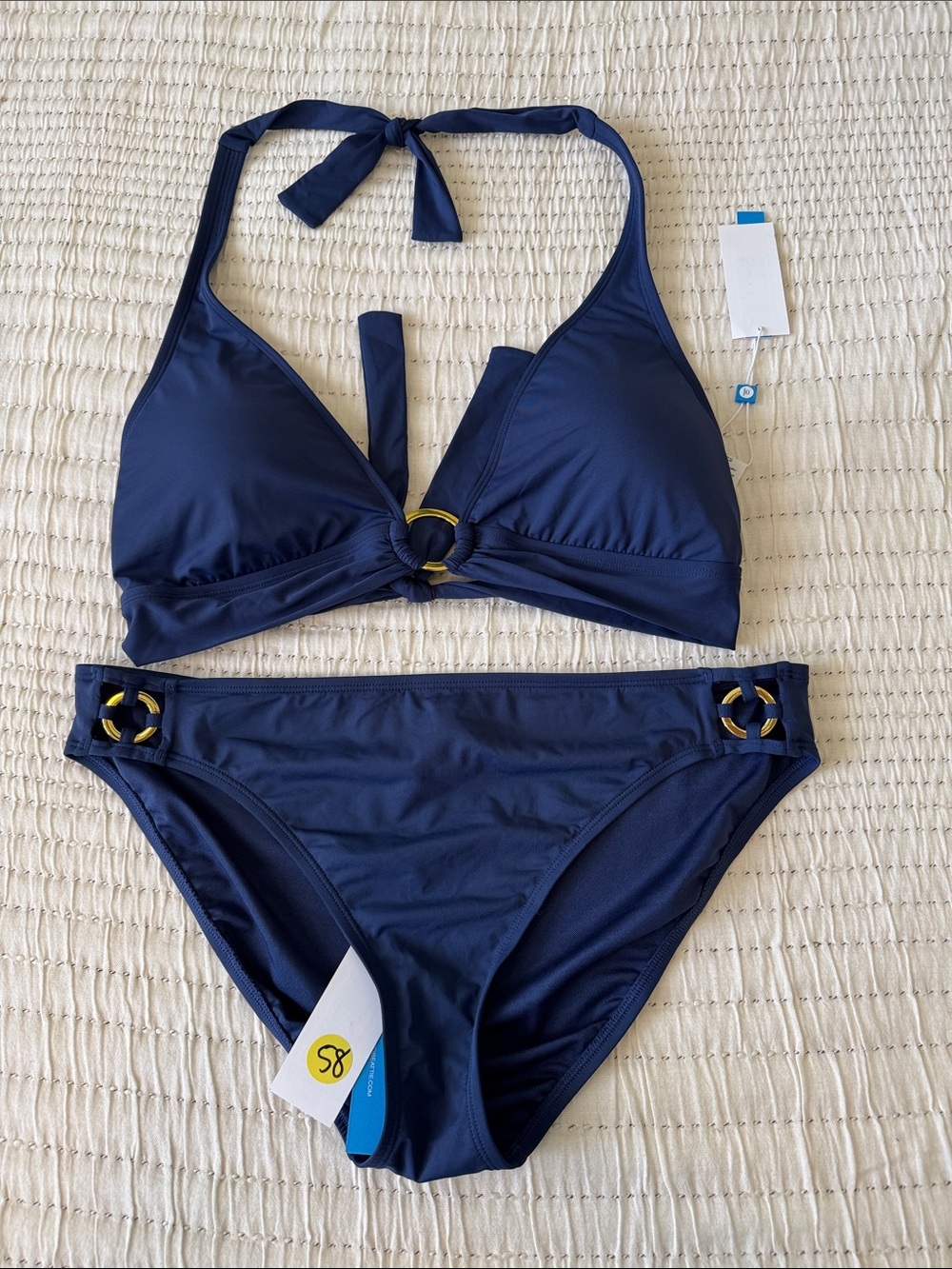 Bleu Rod Beattie Navy Halter Bikini with Gold Rings